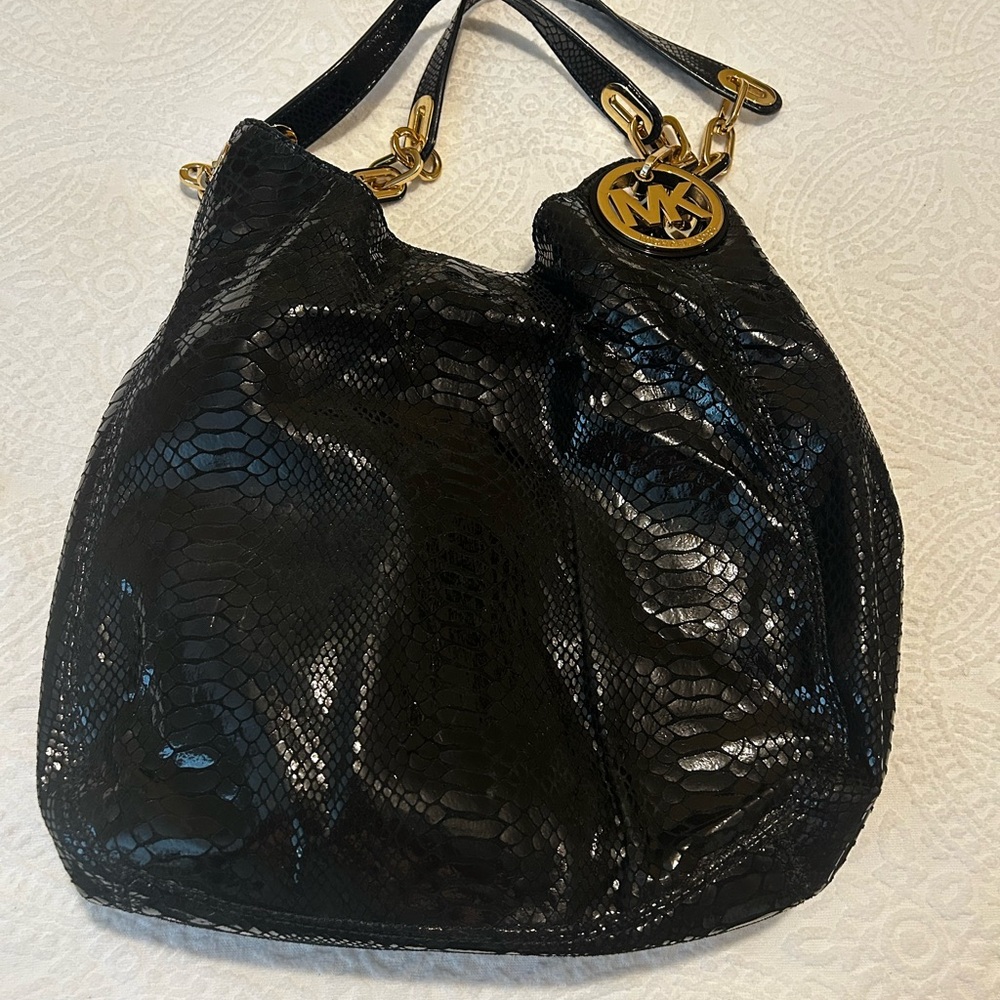 Michael Kors Black Snake-Embossed Hobo Shoulder Bag with Gold Charm
